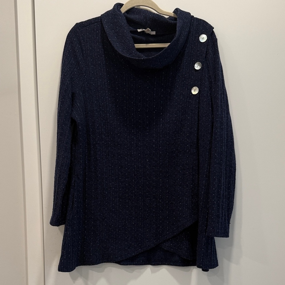 Chic Navy Cowl Neck Sweater with Button Details